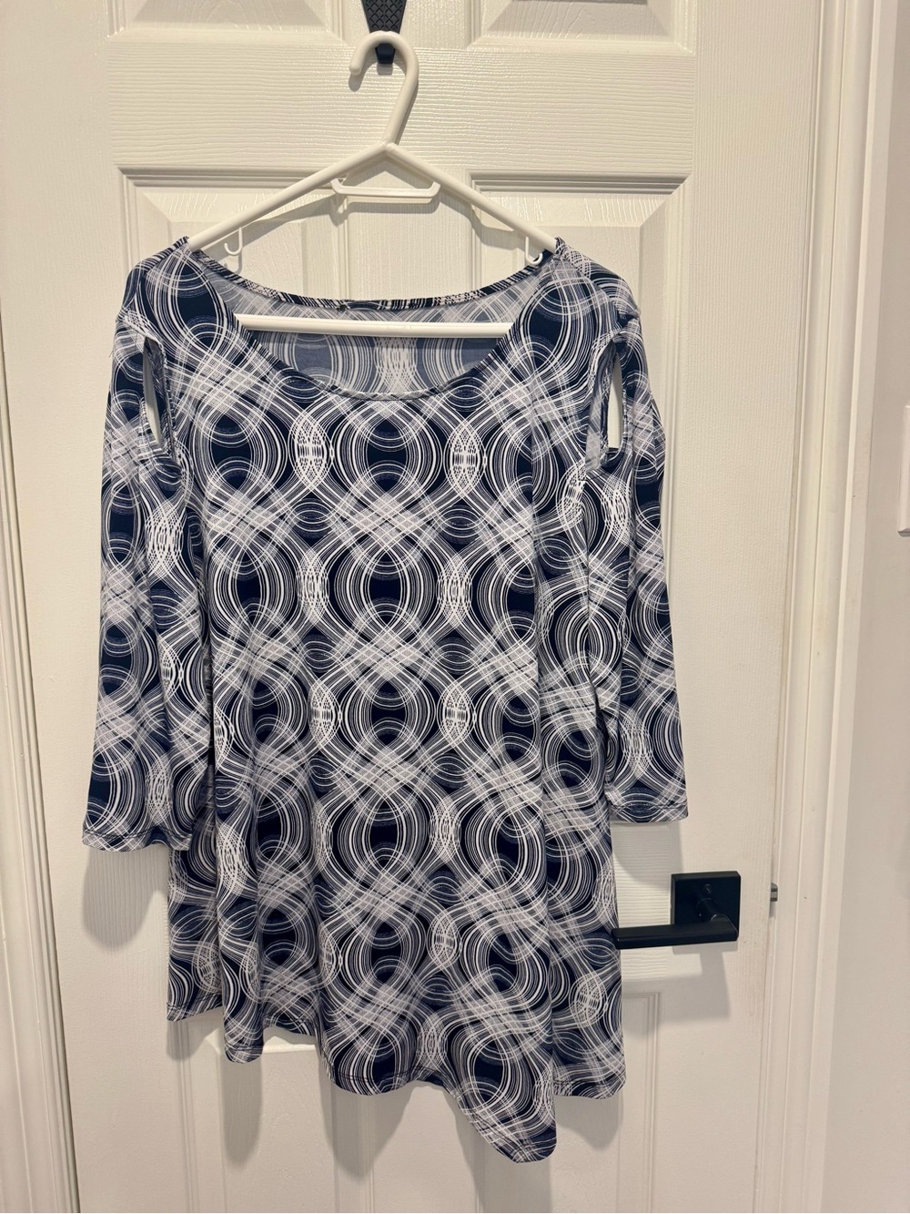 Women's Navy and White Patterned Long Sleeve Top